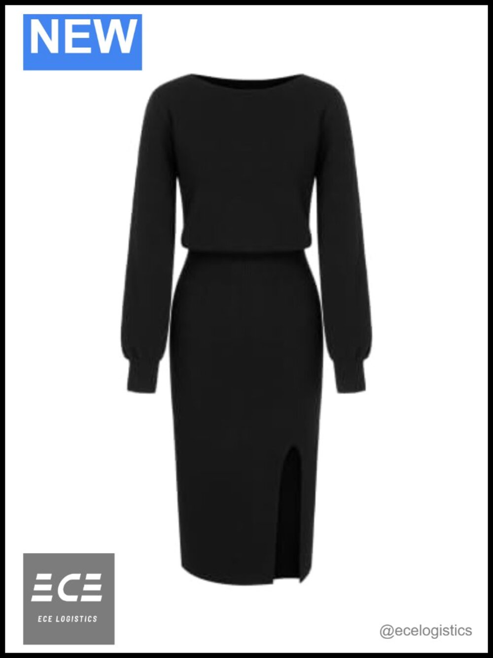 Women's Boat Neck Sweater Dress Long Sleeve Split Hem Midi Work Dress